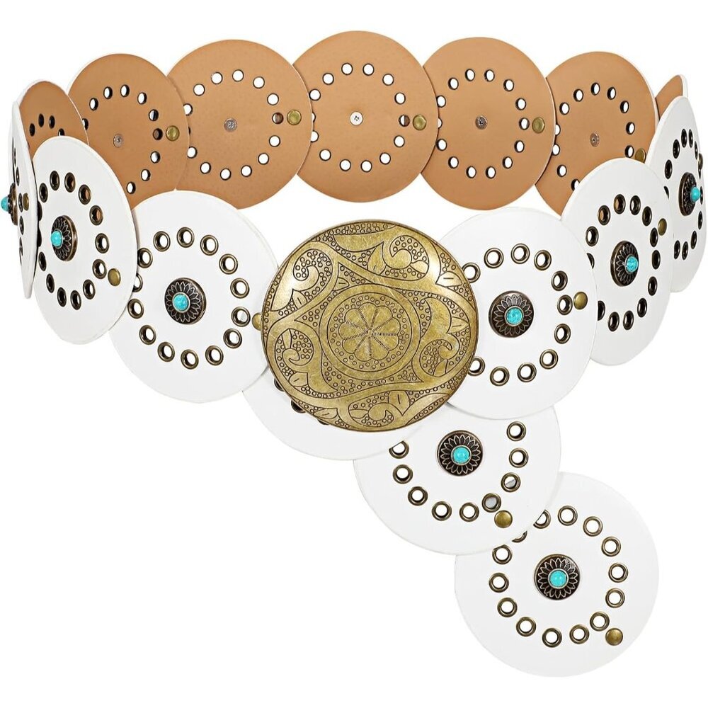 Woman's Western PU Leather Belts Concho Disc Wide Waist Belt White Bronze Buckle